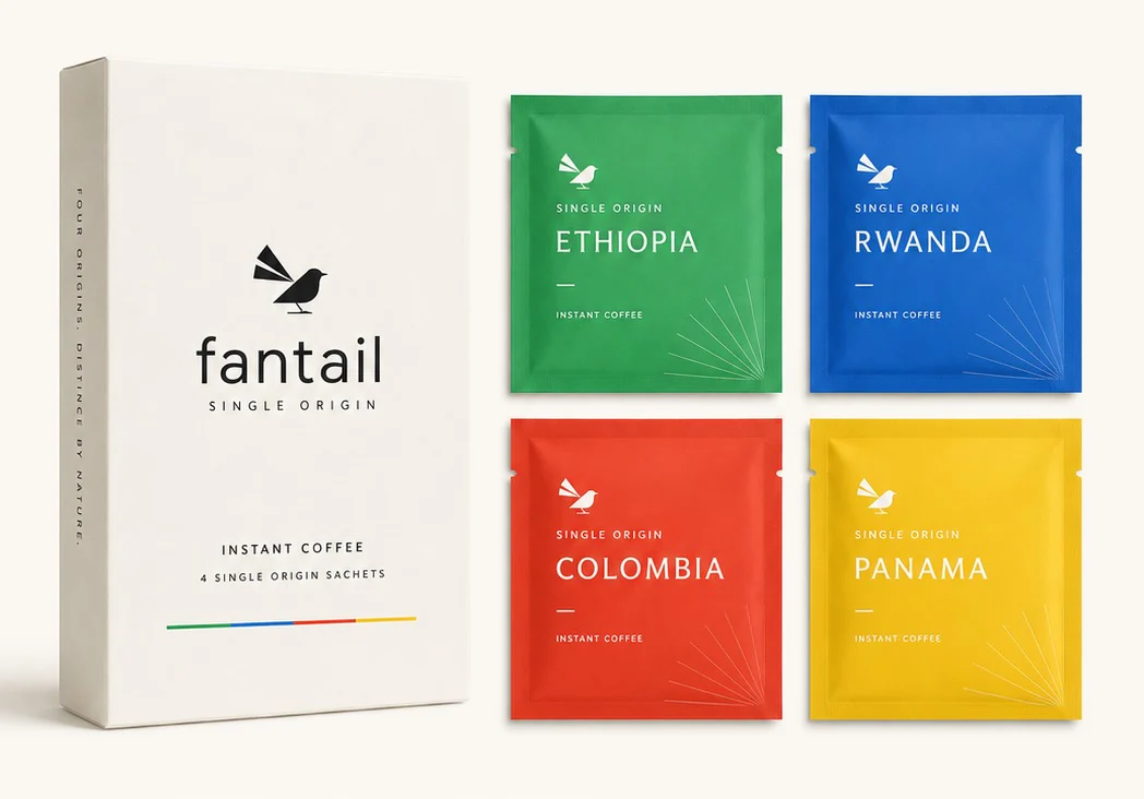 FANTAIL four-origin box with Ethiopia, Rwanda, Colombia, and Panama sachets